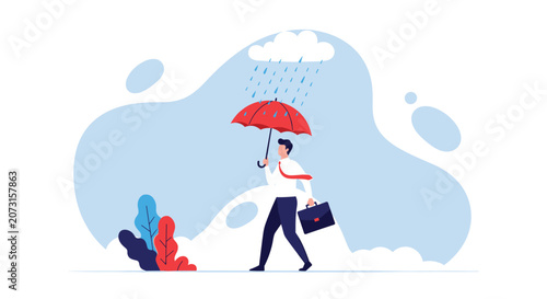 Resilient businessman walking confidently with a briefcase under a red umbrella while protecting himself from isolated rain.
