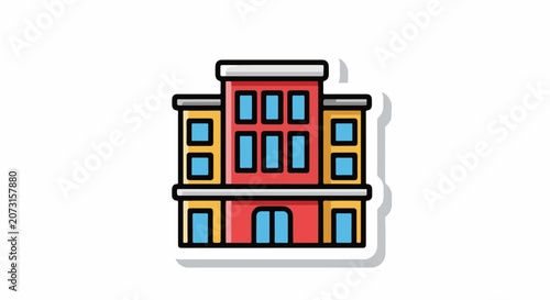 Colorful three-story building with red and yellow walls and blue windows