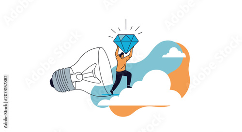 Creative individual standing on clouds while holding a large sparkling diamond inside an illuminated lightbulb idea concept.