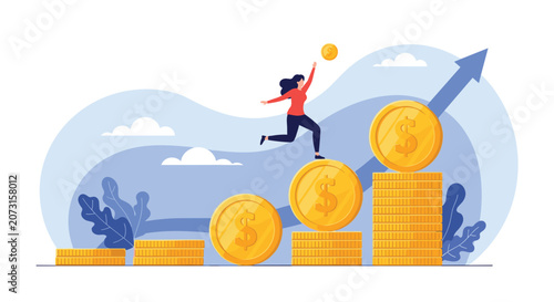 Energetic woman jumping along rising stacks of gold coins following an upward arrow that symbolizes financial prosperity.