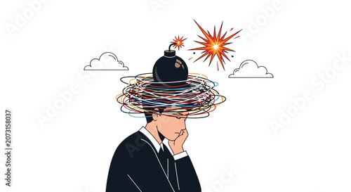 Stressed businessman with a tangled colorful mess and a lit bomb on his head representing burnout and extreme mental pressure.