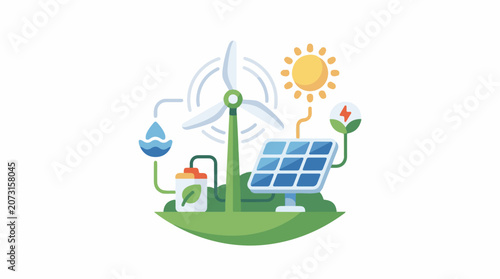 Green energy concept with solar panel and wind turbine on a leaf