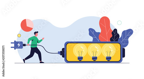 Determined professional running and pulling an electrical plug connected to a large battery filled with bright glowing ideas.