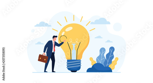 Focused professional examining a massive illuminated lightbulb to find a creative solution or a brilliant business idea.