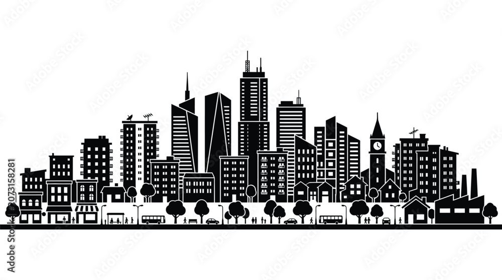 Fototapeta premium Detailed black and white vector graphic illustration showing a modern urban cityscape with tall skyscrapers