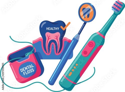 Konstfotografi Dental Oral Hygiene Care Vector Concept with Electric Toothbrush, Floss Dispense