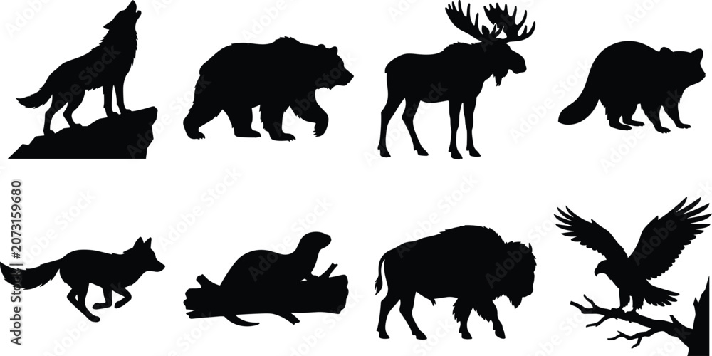 Obraz premium Set of black North American wild animal silhouettes isolated on white background forest wildlife collection vector illustration