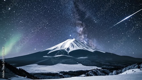 Mount Fuji peak under Milky Way and starry night.