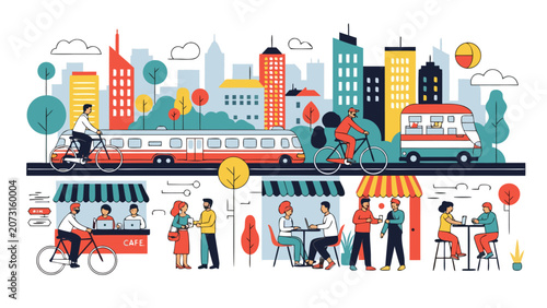 Vibrant city life illustration with people commuting and enjoying outdoor cafes