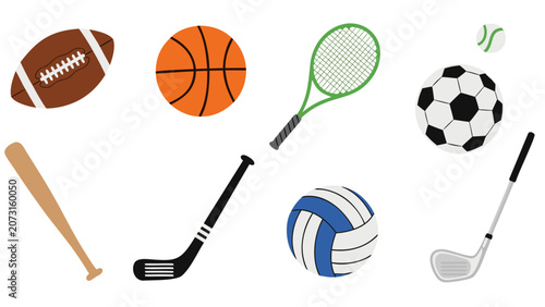 Collection of various sports equipment and balls on a white background