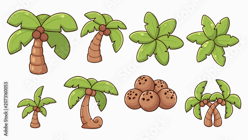 Collection of cute cartoon palm trees and coconuts with happy faces