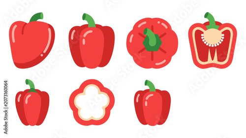 Collection of red bell peppers in various styles and cuts, isolated on white background