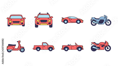 Collection of stylized vehicles including cars, motorcycles, and scooters