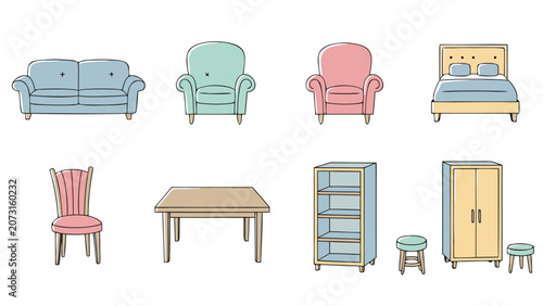 Collection of simple, colorful cartoon furniture illustrations on a white background