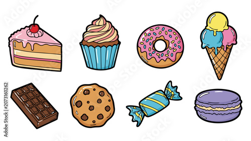 Collection of delicious cartoon sweets and desserts on a white background