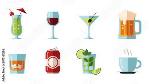 Collection of eight different beverage icons in a flat design style