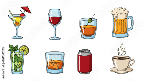 Collection of eight diverse beverage illustrations including cocktails, wine, beer, and coffee