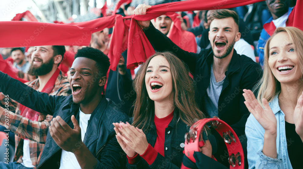 Fototapeta premium Group of people holding red ribbons for charity