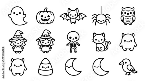 Halloween themed black and white illustrations of ghosts, pumpkins, bats, spiders, and other spooky characters are shown.