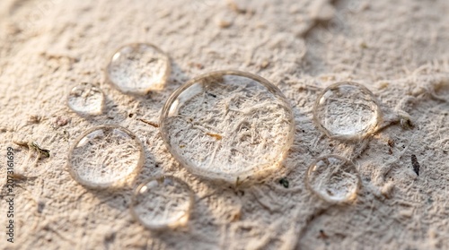 Macro shot of large clear water drop surrounded by smaller droplets on rough textured handmade recycled paper under warm sunlight