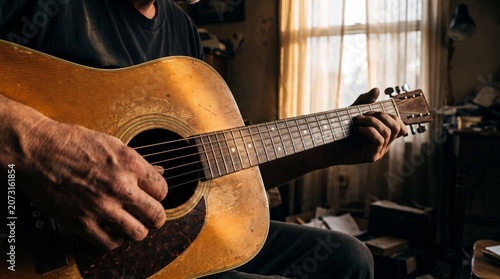 Close up of senior man hands playing old vintage acoustic guitar in a rustic room with warm cinematic sunlight