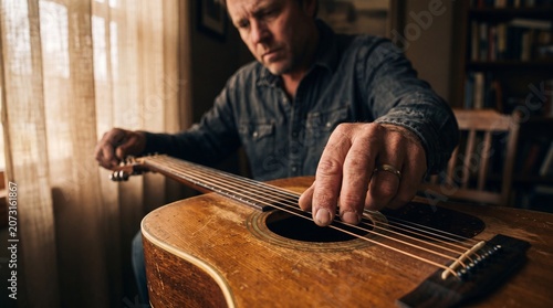 Close-up of Man Tuning and Checking Strings on Vintage Acoustic Guitar, Luthier Repairing Musical Instrument