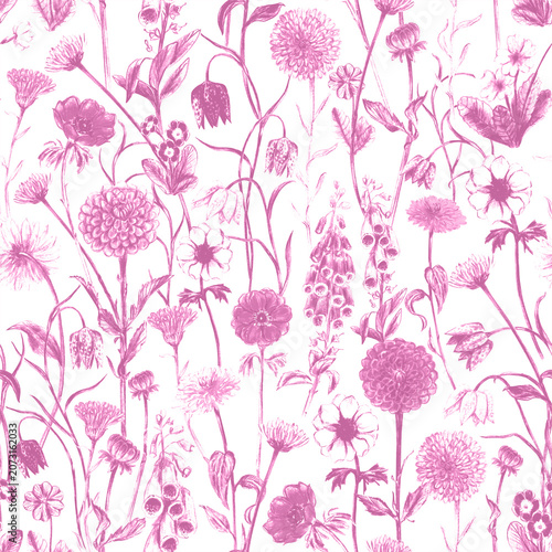 Bild auf Leinwand Hand drawn garden flowers seamless pattern in purple color