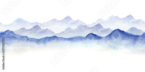 Hand-drawn watercolor mountain range seamless horizontal border pattern on an isolated background. For outdoor website headers, horizontal banners, stationery, and creative textile prints.
