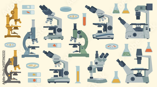 фотографія A collection of various laboratory microscopes and equipment for scientific research and experiments