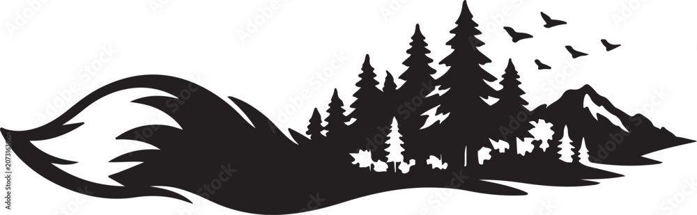 Obraz premium Whimsical Fox Tail Landscape Silhouette: A creative black silhouette merges a fox's bushy tail with a vibrant forest landscape featuring pine trees, rolling hills, and soaring birds under a sky.