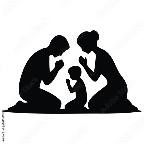 Foto Family kneeling in prayer with child vector illustration worshipful scene silhouette