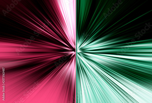 Abstract radial zoom blur background divided into two halves. Pink, magenta and white colors on one side, mint green, turquoise and white on the other. Dynamic light burst and motion effect.