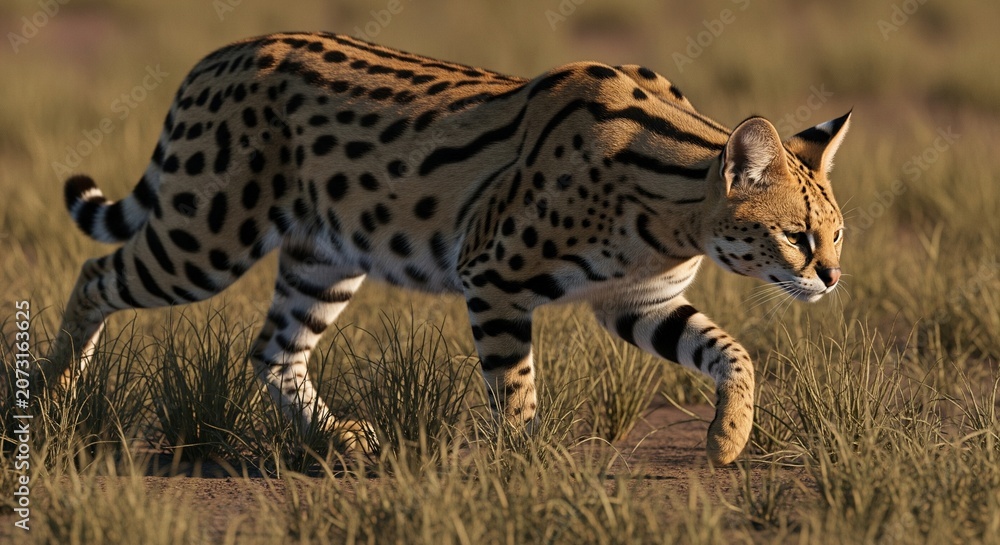 Obraz premium Spotted Serval Cat Walking Through Tall Grass Realistic Image for Nature and Wildlife Marketing