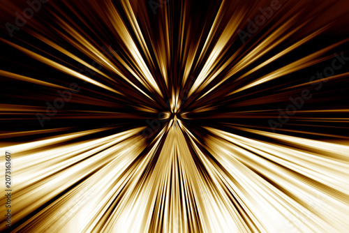Abstract radial zoom blur in gold, beige, cream, brown and black colors. Dynamic light burst background with glowing streaks, speed motion effect and futuristic energy concept.