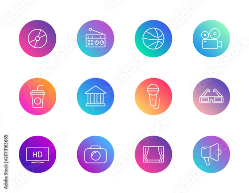 Culture and media icons set. Gradient round vector pictograms for art, sports, and entertainment concepts.