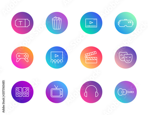 Cinema and gaming icons set. Gradient round vector symbols for movies, VR, theater, and entertainment.