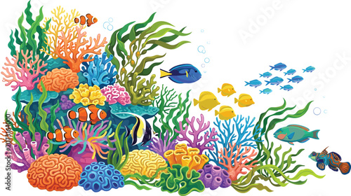 Bild auf Leinwand Underwater Coral Reef Vector Illustration with Colorful Tropical Fish Clownfish