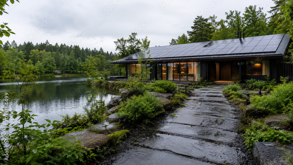 Fototapeta premium Tranquil wilderness lake view through lush green temperate forest woods
