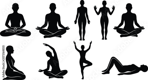 Bild auf Leinwand Black Silhouettes of Yoga and Meditation Poses Representing Mindfulness and Rela