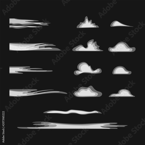 Set of clouds in various shapes and sizes. Simple, flat, dynamic vector illustration, isolated on black.