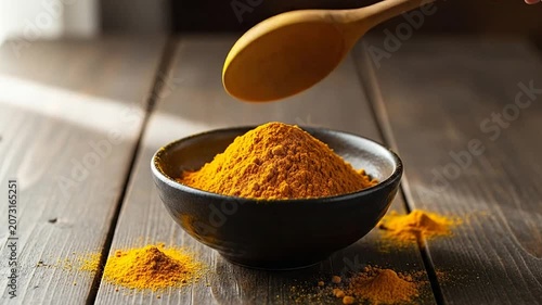 Pouring orange turmeric powder from spoon into black bowl.