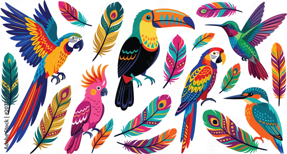 Fototapeta premium Tropical Exotic Birds and Feathers Vector Set with Colorful Macaw Parrot, Toucan, Cockatoo, Hummingbird, and Kingfisher for Jungle Wildlife Graphic Designs