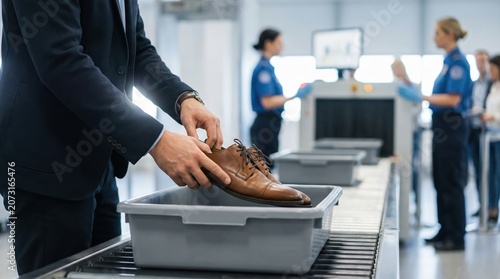 A man is taking off his shoe and placing it in a gray bin at an airport security checkpoint. Security staff are checking other travelers behind him