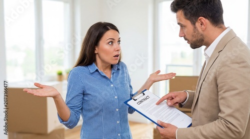 A man and a woman stand in an empty room with moving boxes. The woman looks confused and raises her hands while the man points to a contract on a clipboard. They are talking about the agreement
