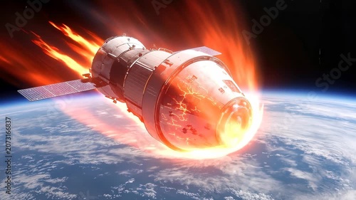 Spacecraft re-entering atmosphere with intense heat shield glow. Orbital vehicle descending toward planet surface. Panning camera movement.