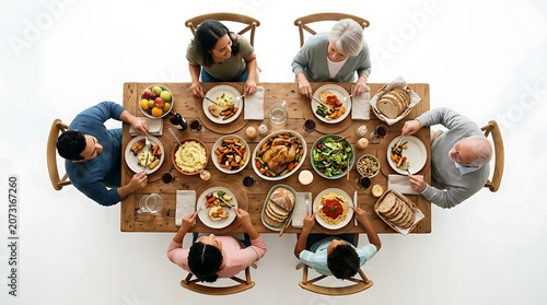 Overhead view of a diverse group of people sitting around a wooden table eating a meal together with various dishes and food on it
