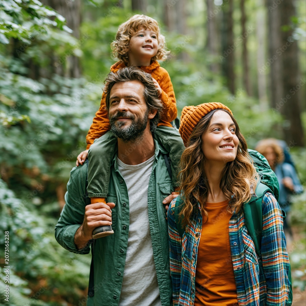 Fototapeta premium Family enjoys a walk in the woods with a child on a parent’s shoulders during a sunny day