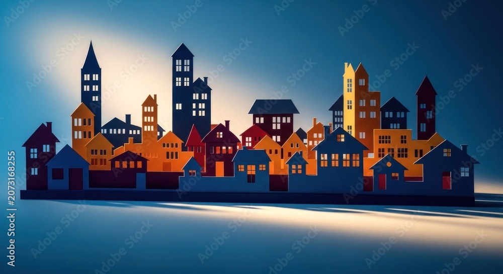 Obraz premium Colorful Paper Cutout Cityscape Silhouette at Dusk.
