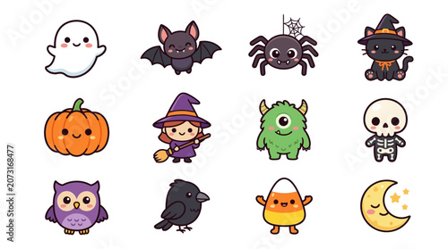 Various Halloween characters and symbols illustrated on white background for decoration