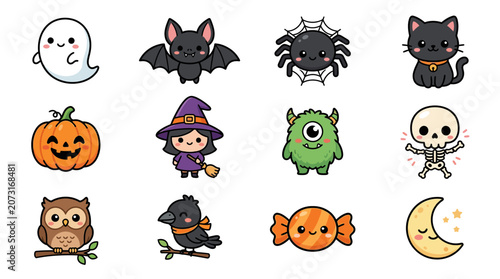 Halloween icons featuring ghost, bat, spider, cat, pumpkin, witch, monster, skeleton, owl, bird, fish, moon.